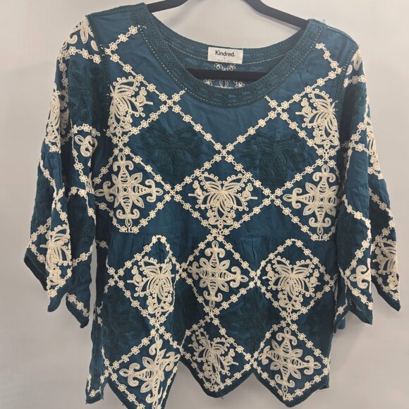 Kindred x Anthropologie Blue Woven Embroidered Asymmetrical Boho Blouse Small - Picture 1 of 11